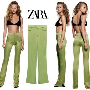 Zara green satin effect flare pants Sz S NWOT